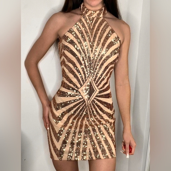 Fashion NOVA rose gold glittery Diva Vibes mini dress size Medium - Picture 6 of 12